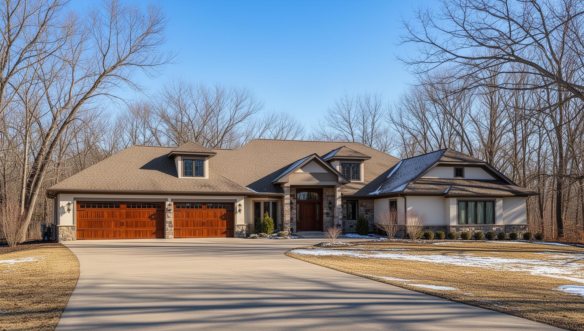 Premium insulated steel garage doors with wood overlay on ranch style home in Longview WA